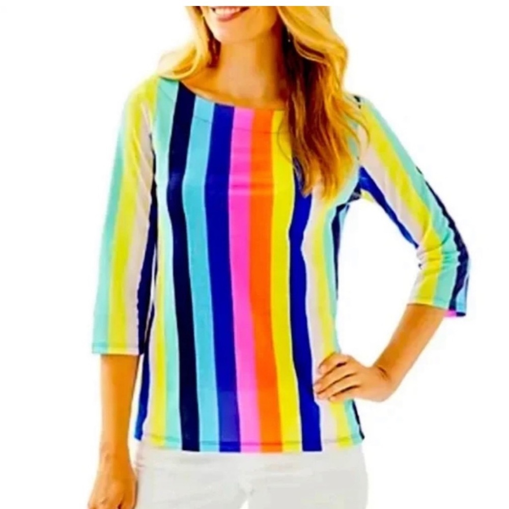 Lily Pulitzer 3/4 Sleeve Waverly Top, Multi Sun Stripe/Rainbow Stripe. Size XS
